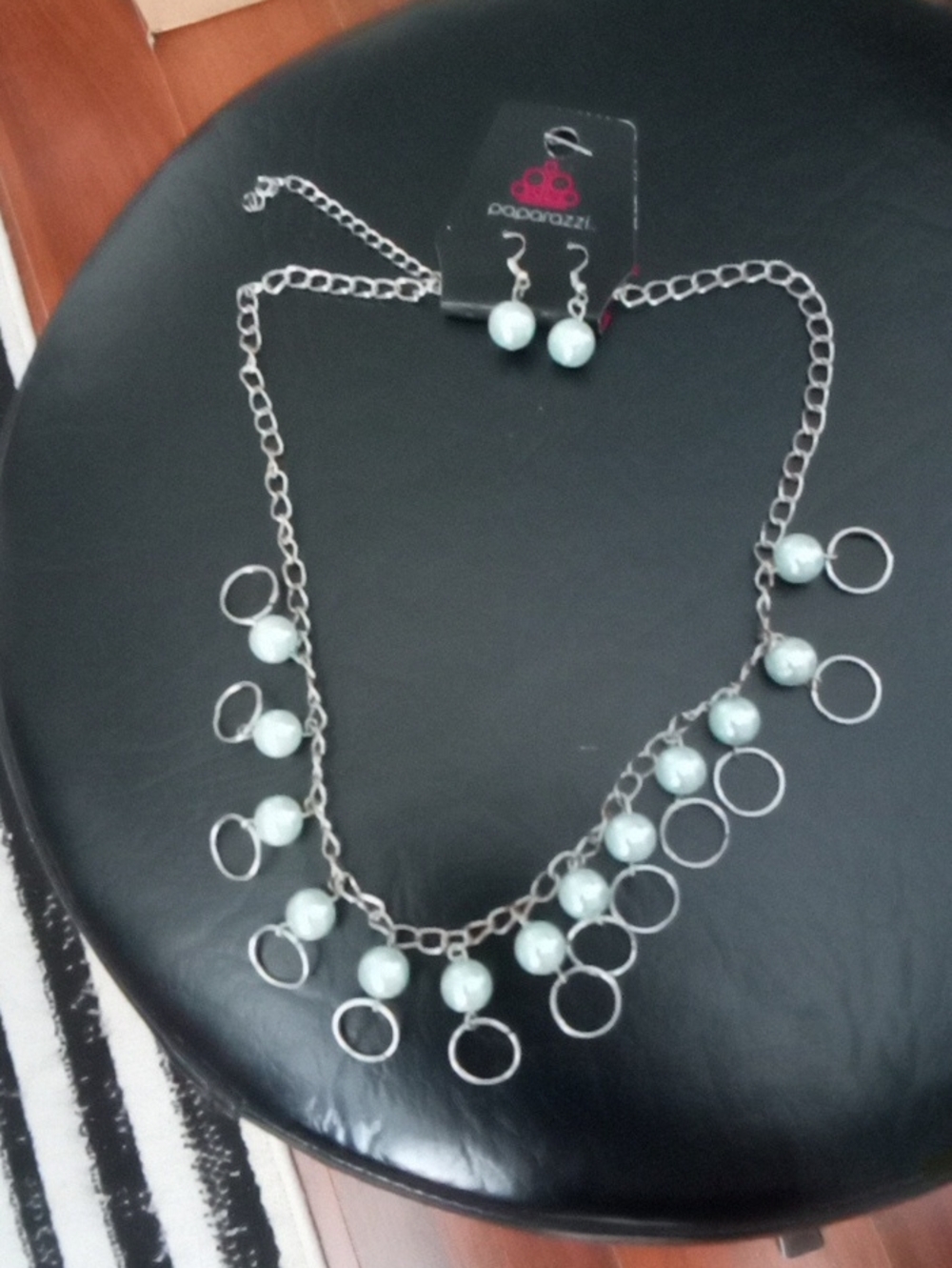 paparazzi Mint Bead & Silver Hoop Cascade Necklace with Matching Earrings